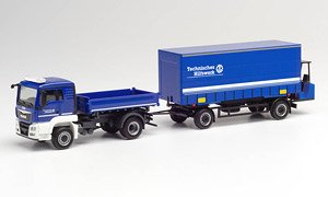 (HO) MAN TGS NN L Euro 6 ティッパートラック withカーテントレーラー、 可搬型フォークリフト `THW` (鉄道模型)