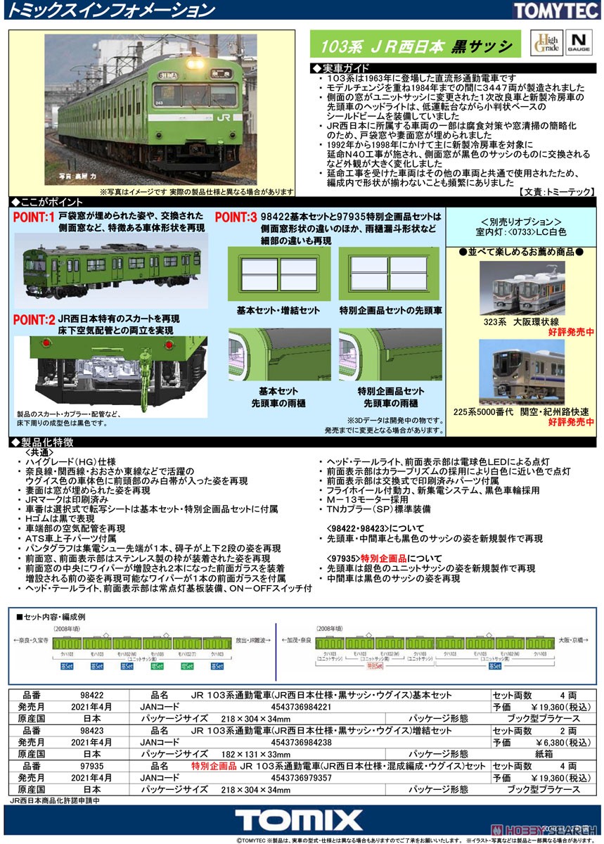 JR 103系 通勤電車 (JR西日本仕様・黒サッシ・ウグイス) 基本セット (基本・4両セット) (鉄道模型) 解説1