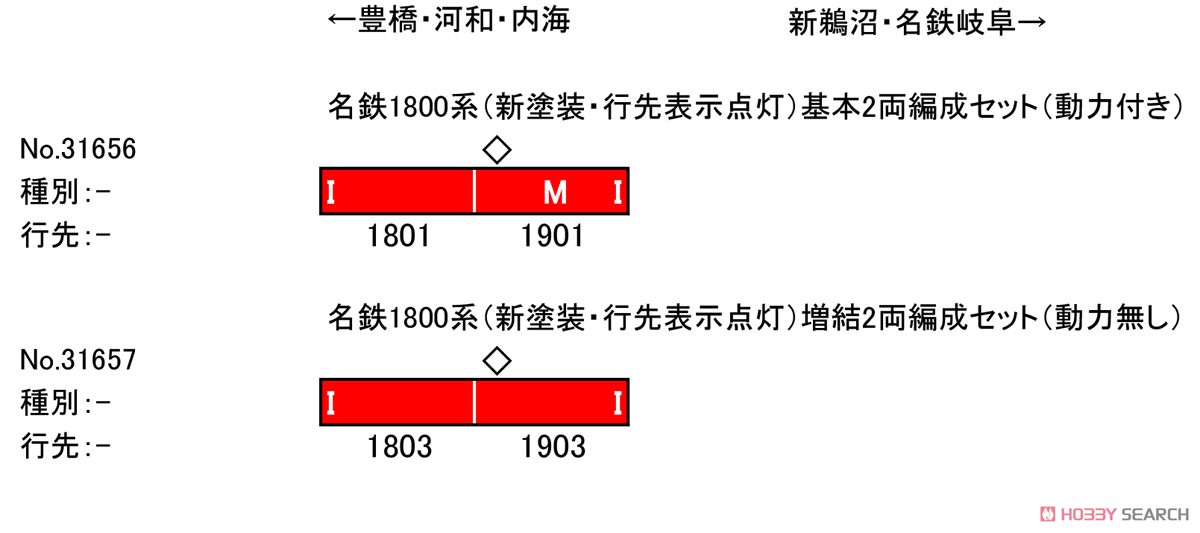 名鉄 1800系 (新塗装・行先表示点灯) 基本2両編成セット (動力付き